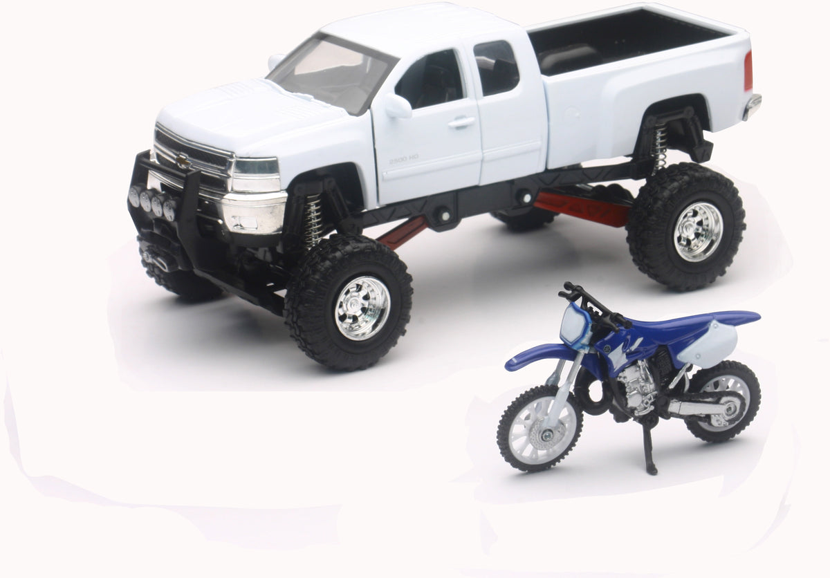 Replica 1:43 Truck/Race Bike Chevy White/Yamaha Bike Blue - 959-0117 - New Ray Toys