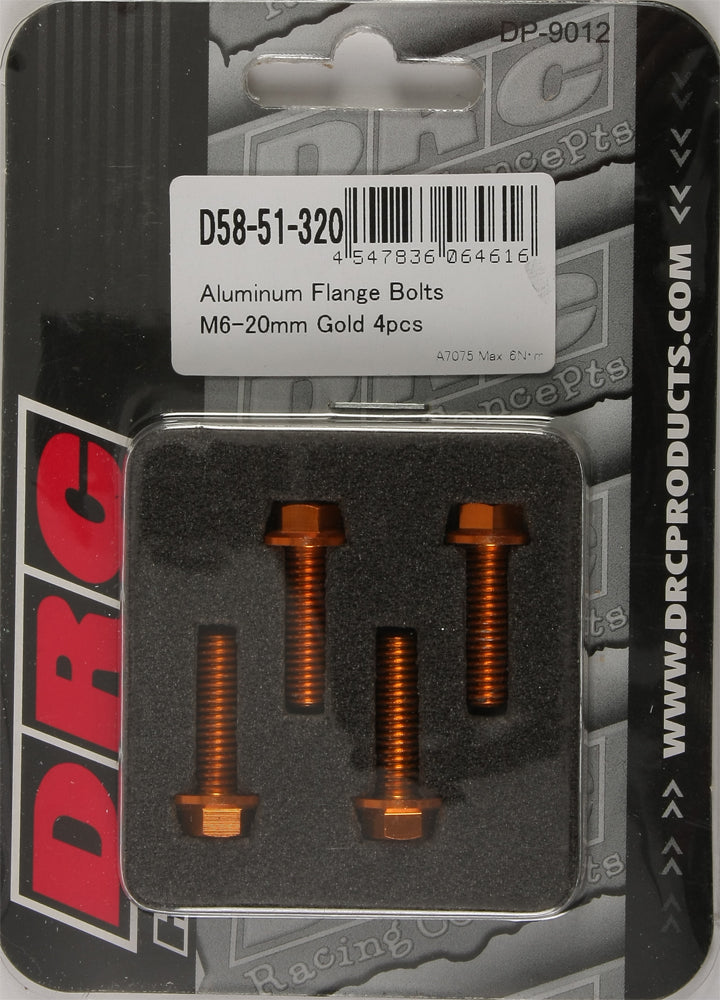 Aluminum Flange Bolts Gold M6x20mm 4/Pk - 634-8320G - DRC